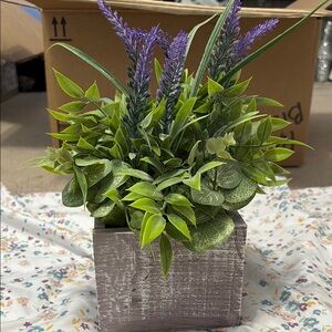 Lavender and Green Faux Plant in Rustic Planter